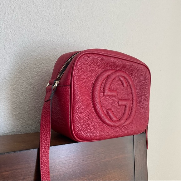 Gucci Genuine Soho GG Logo Camera Embroidered Red Pebble Leather Cross Body Bag - Picture 3 of 12